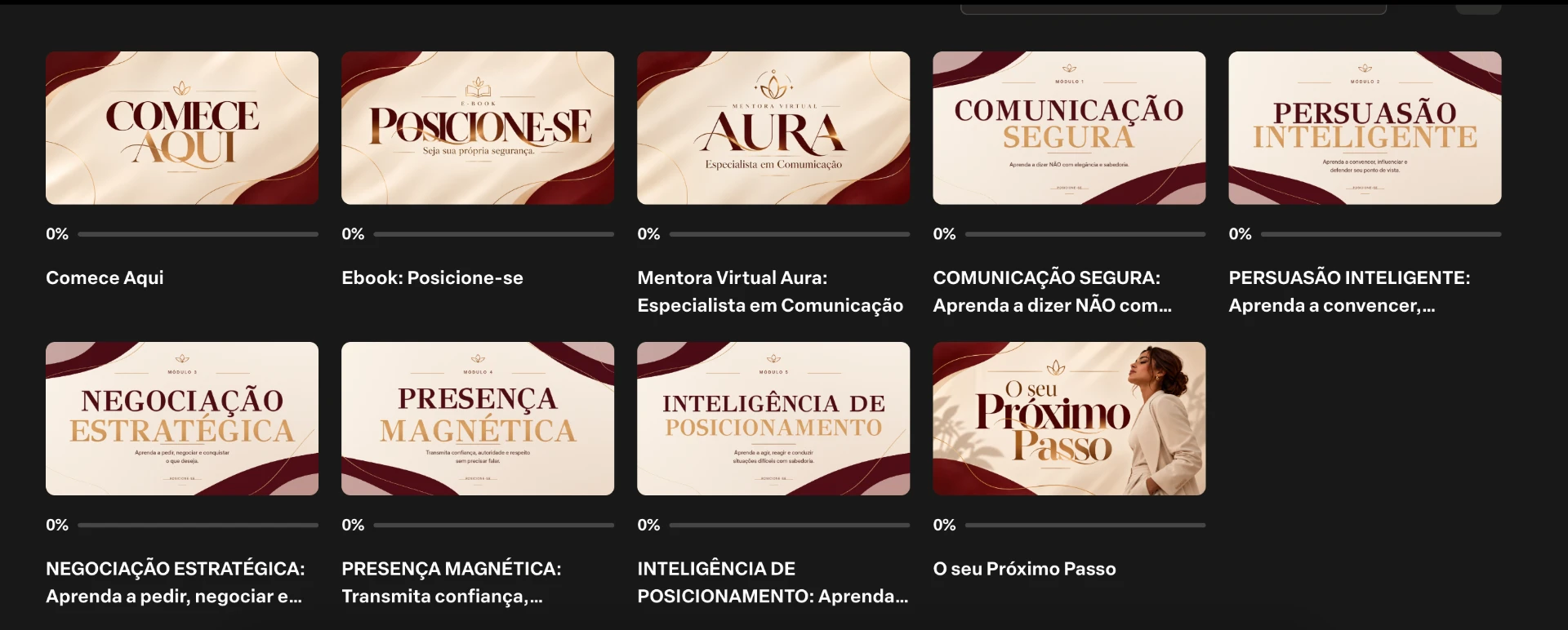 Tela do ambiente do aluno do POSICIONE-SE, com as aulas organizadas em cards
